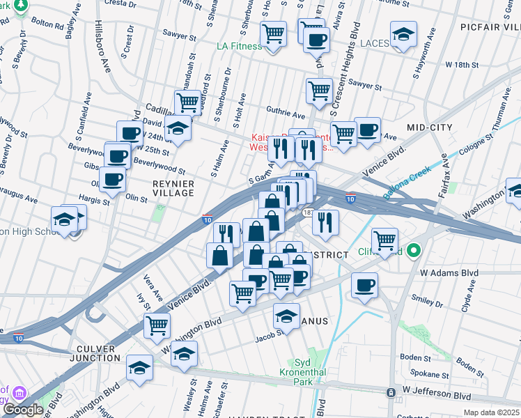 map of restaurants, bars, coffee shops, grocery stores, and more near 2614 South Garth Avenue in Los Angeles