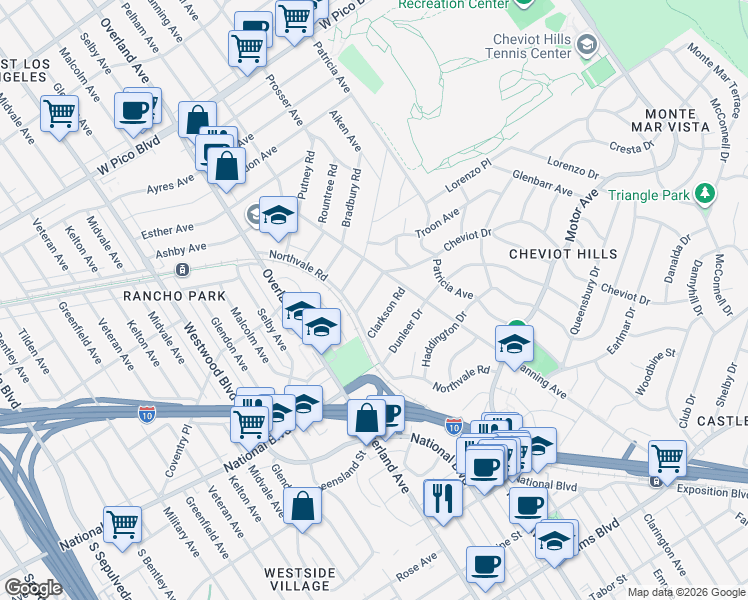 map of restaurants, bars, coffee shops, grocery stores, and more near 10582 Cheviot Drive in Los Angeles