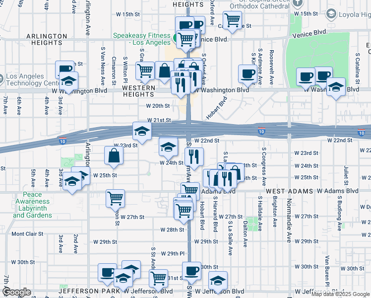 map of restaurants, bars, coffee shops, grocery stores, and more near 2231 South Western Avenue in Los Angeles