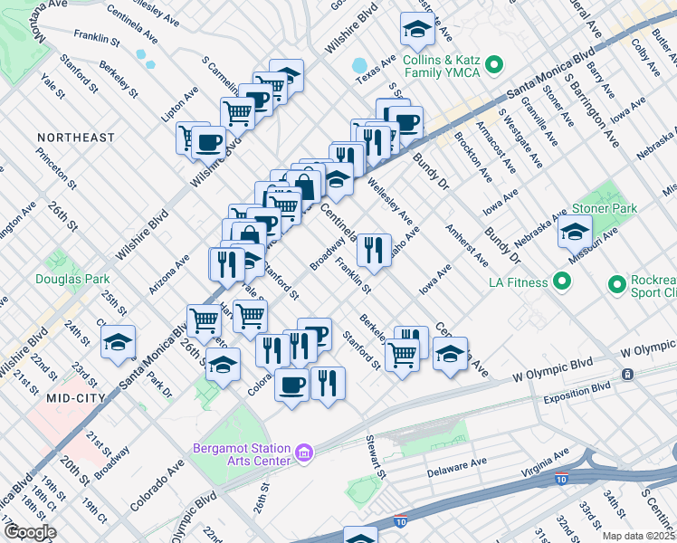 map of restaurants, bars, coffee shops, grocery stores, and more near 1537 Berkeley Street in Santa Monica