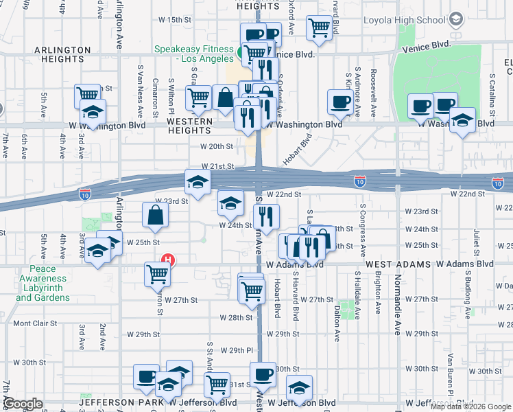 map of restaurants, bars, coffee shops, grocery stores, and more near 2231 South Western Avenue in Los Angeles