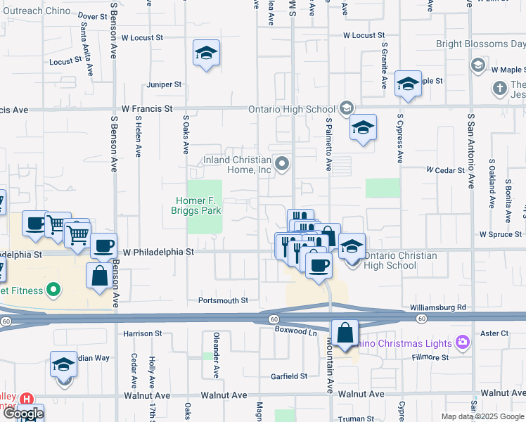 map of restaurants, bars, coffee shops, grocery stores, and more near 2055 South Magnolia Avenue in Ontario