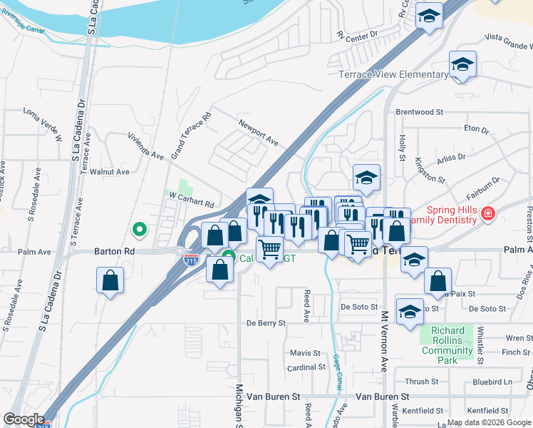 map of restaurants, bars, coffee shops, grocery stores, and more near 12030 Vivienda Avenue in Grand Terrace