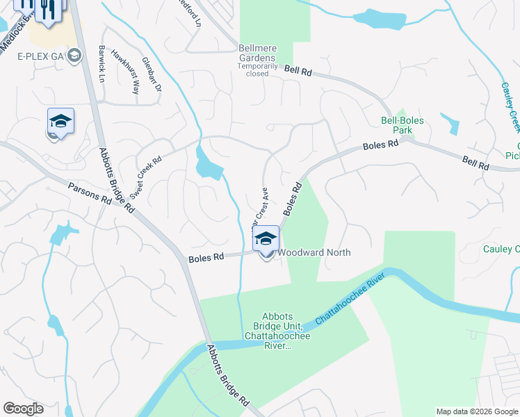 map of restaurants, bars, coffee shops, grocery stores, and more near 10400 Sugar Crest Avenue in Duluth