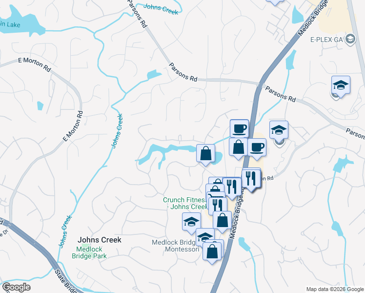 map of restaurants, bars, coffee shops, grocery stores, and more near 350 Lake Manor Trace in Alpharetta
