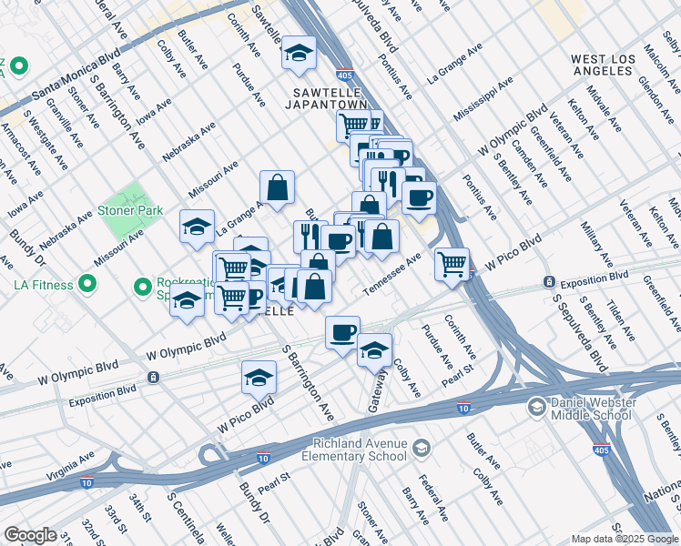 map of restaurants, bars, coffee shops, grocery stores, and more near 11511 West Olympic Boulevard in Los Angeles