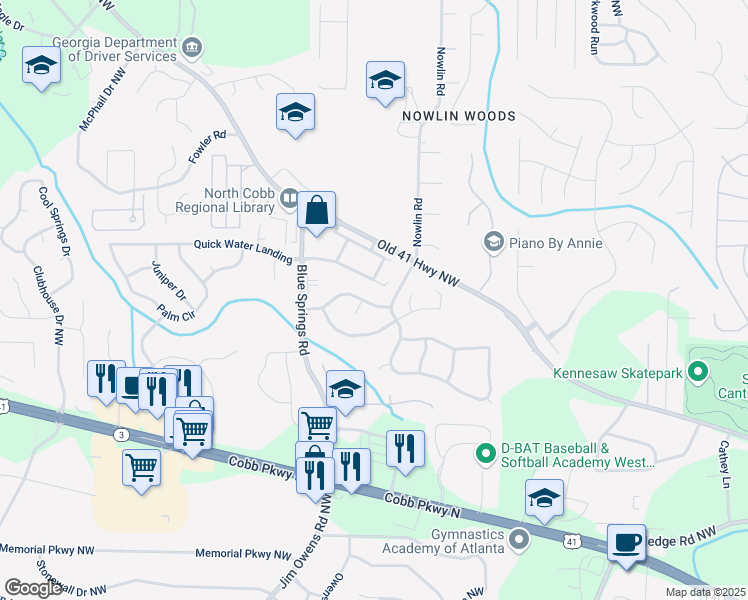 map of restaurants, bars, coffee shops, grocery stores, and more near 3392 Washington Commons in Kennesaw