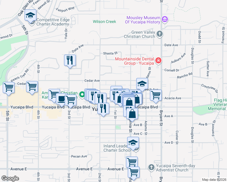 map of restaurants, bars, coffee shops, grocery stores, and more near 11992 1st Street in Yucaipa