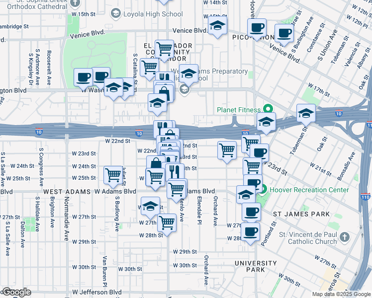map of restaurants, bars, coffee shops, grocery stores, and more near 1434 West 22nd Street in Los Angeles