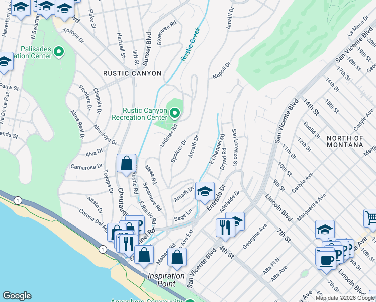 map of restaurants, bars, coffee shops, grocery stores, and more near 551 Amalfi Drive in Los Angeles