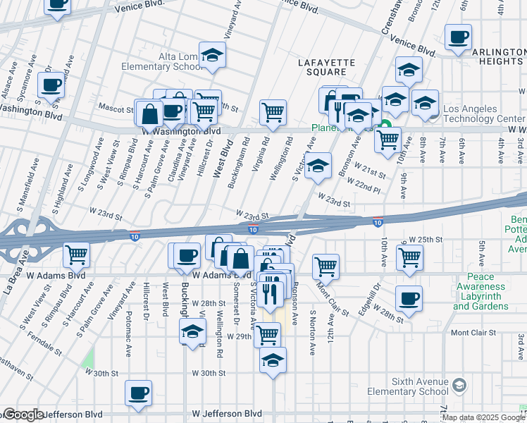 map of restaurants, bars, coffee shops, grocery stores, and more near 2220 Wellington Road in Los Angeles