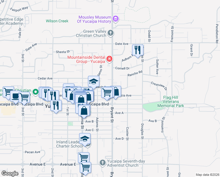 map of restaurants, bars, coffee shops, grocery stores, and more near 35287 Beech Avenue in Yucaipa
