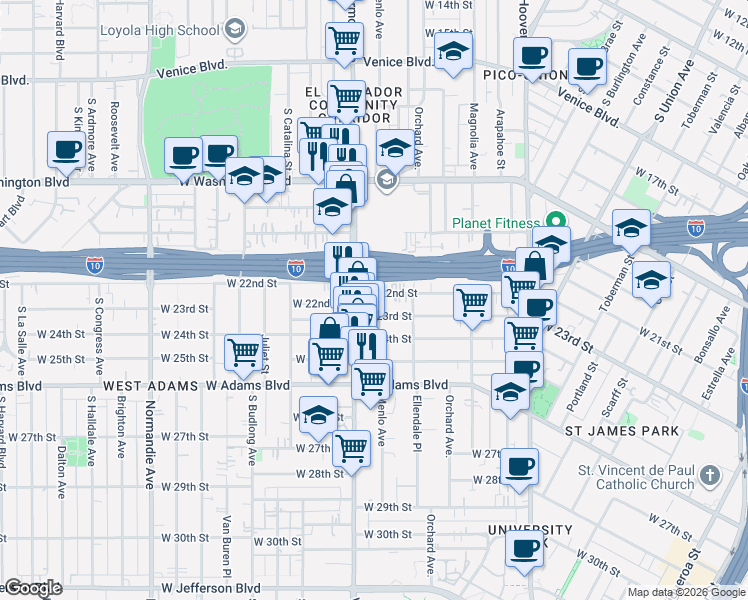 map of restaurants, bars, coffee shops, grocery stores, and more near 1445 West 22nd Street in Los Angeles