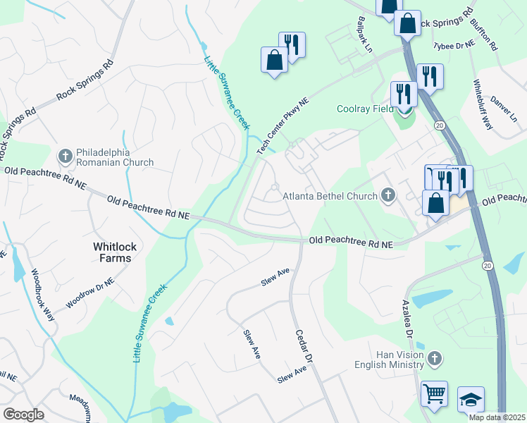 map of restaurants, bars, coffee shops, grocery stores, and more near 2420 Clock Face Court in Lawrenceville