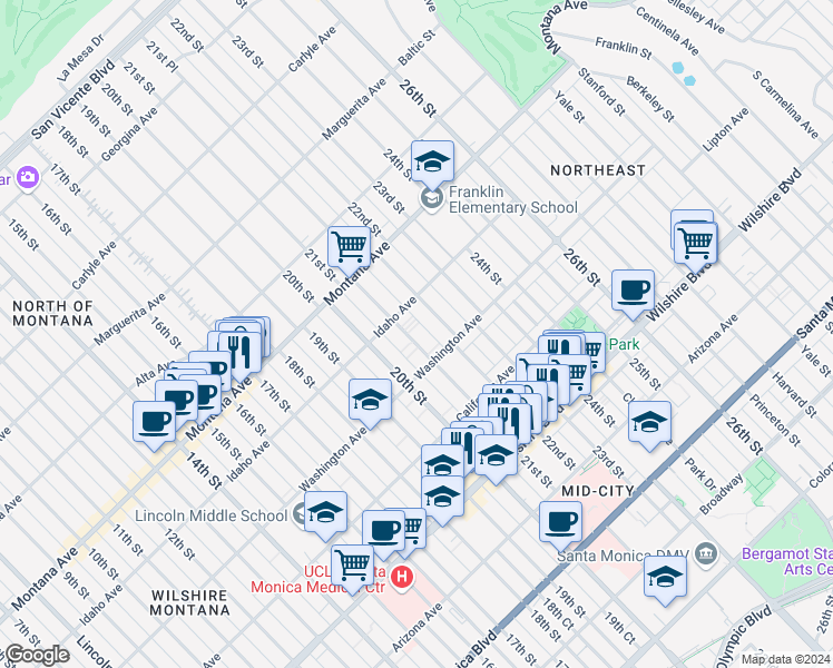 map of restaurants, bars, coffee shops, grocery stores, and more near in Santa Monica