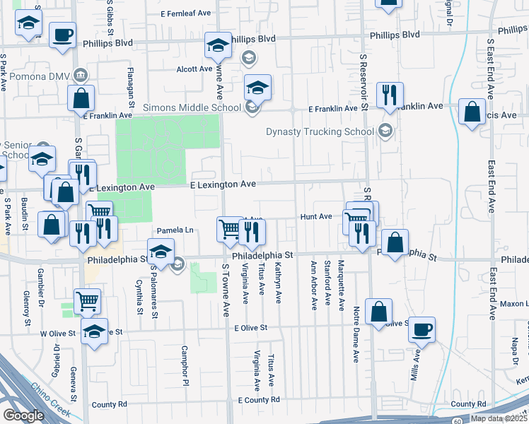 map of restaurants, bars, coffee shops, grocery stores, and more near 1982 Titus Avenue in Pomona