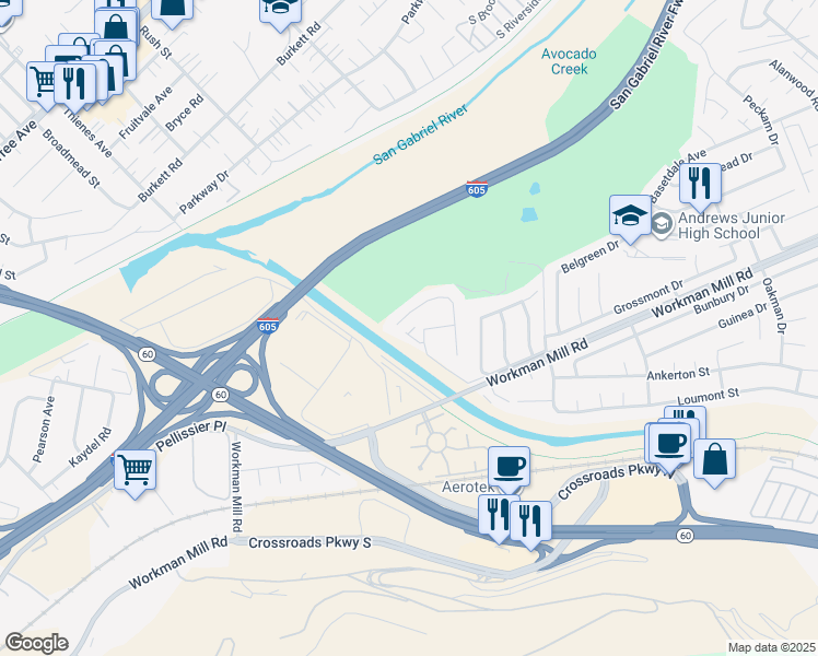 map of restaurants, bars, coffee shops, grocery stores, and more near 12963 E Greyson Way in Whittier