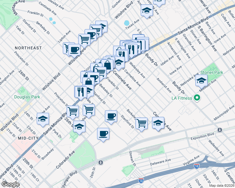 map of restaurants, bars, coffee shops, grocery stores, and more near 1524 Franklin Street in Santa Monica