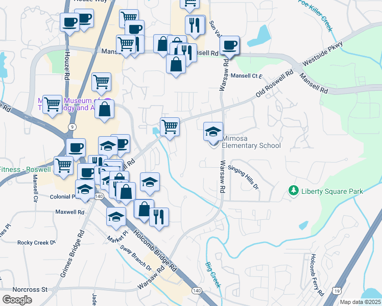 map of restaurants, bars, coffee shops, grocery stores, and more near 1090 Old Forge Drive in Roswell