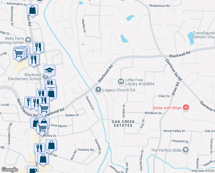 map of restaurants, bars, coffee shops, grocery stores, and more near 1160 Autumn Ridge Dr in Marietta
