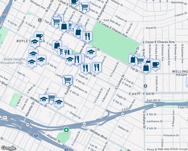 map of restaurants, bars, coffee shops, grocery stores, and more near 3400 East 4th Street in Los Angeles