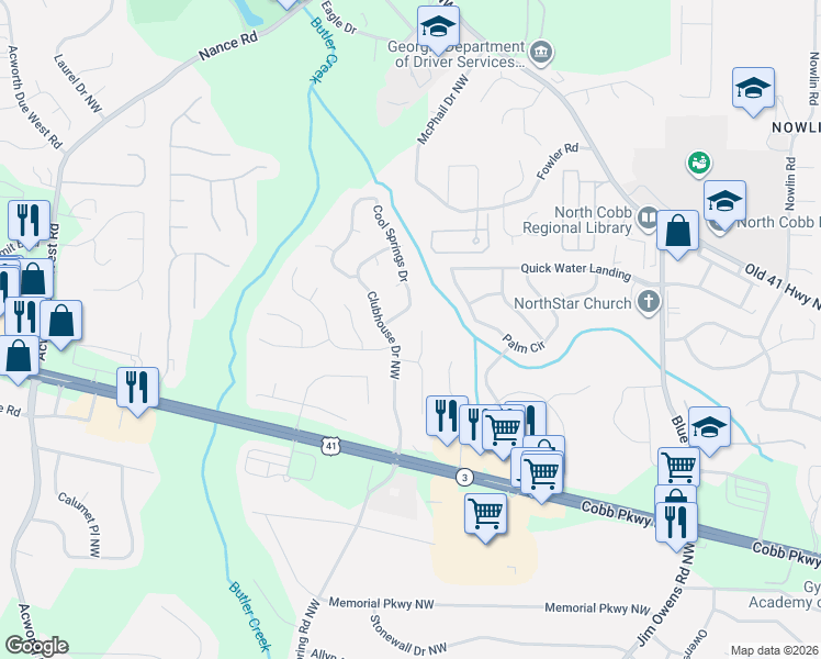 map of restaurants, bars, coffee shops, grocery stores, and more near 1107 Cool Springs Drive in Kennesaw