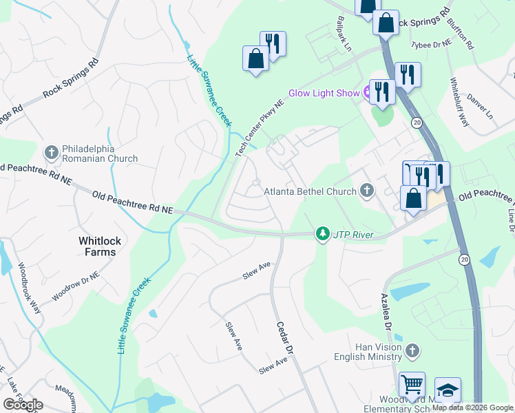 map of restaurants, bars, coffee shops, grocery stores, and more near 2452 Clock Face Court in Lawrenceville