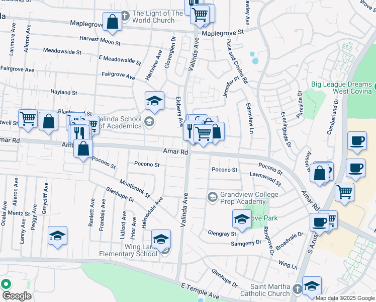 map of restaurants, bars, coffee shops, grocery stores, and more near Valinda Avenue & East Amar Road in Valinda