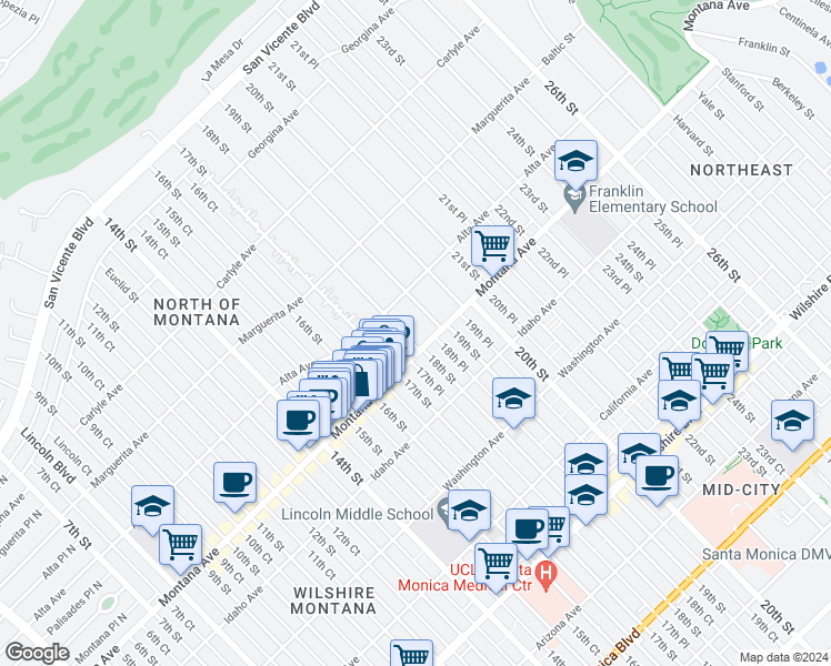 map of restaurants, bars, coffee shops, grocery stores, and more near 739 18th Street in Santa Monica