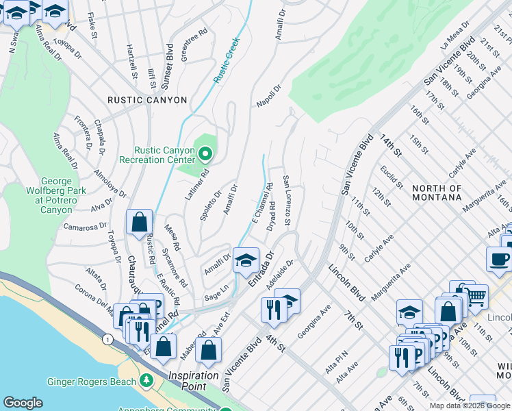 map of restaurants, bars, coffee shops, grocery stores, and more near 572 Amalfi Drive in Los Angeles