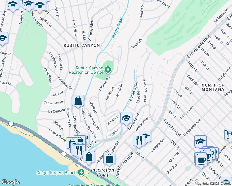 map of restaurants, bars, coffee shops, grocery stores, and more near 551 Amalfi Drive in Los Angeles