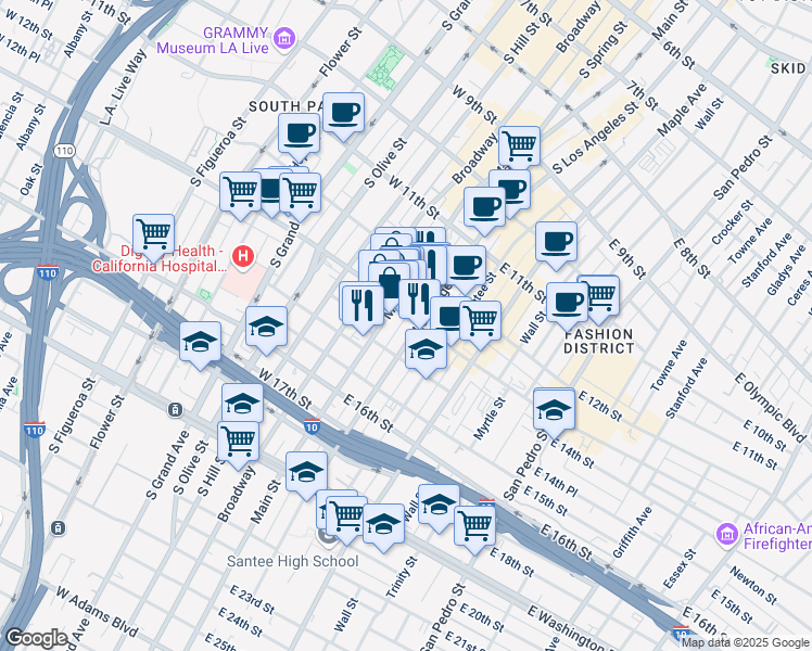 map of restaurants, bars, coffee shops, grocery stores, and more near 1242 South Main Street in Los Angeles
