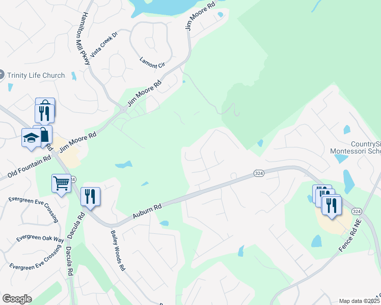 map of restaurants, bars, coffee shops, grocery stores, and more near 3528 Vern Way Northeast in Dacula