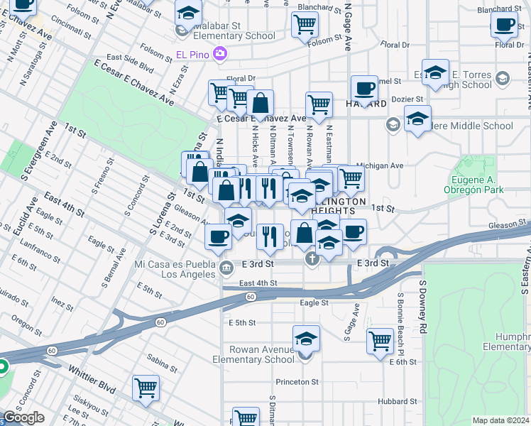 map of restaurants, bars, coffee shops, grocery stores, and more near 3580 1st Street in Los Angeles