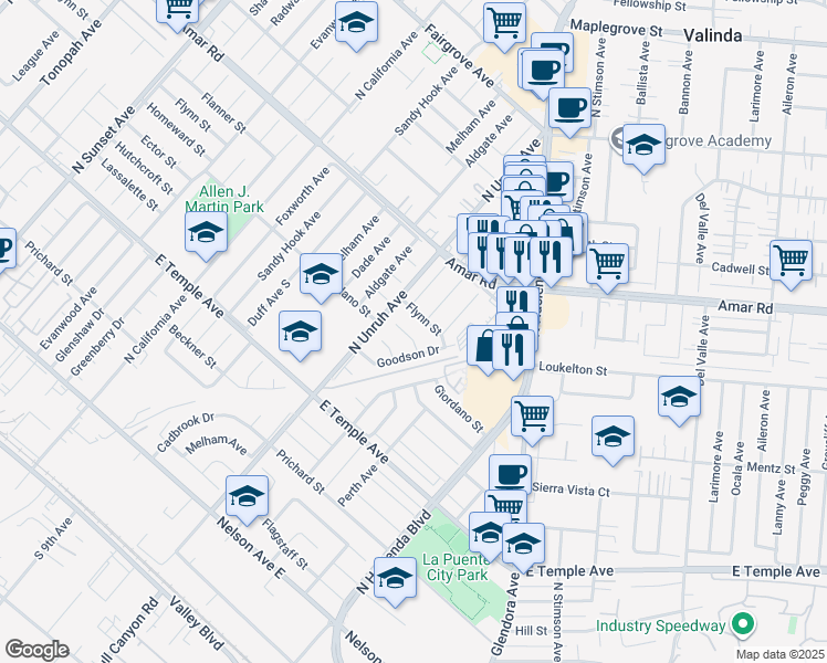 map of restaurants, bars, coffee shops, grocery stores, and more near 815 North Eldon Avenue in La Puente
