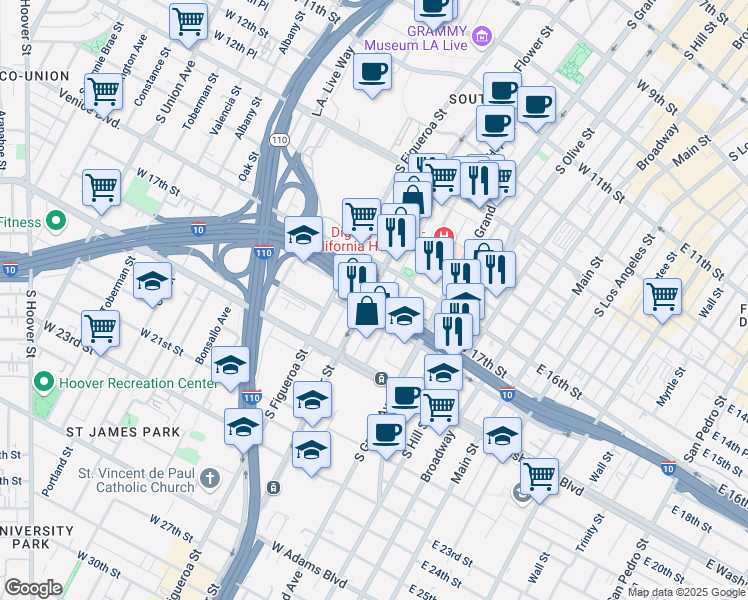 map of restaurants, bars, coffee shops, grocery stores, and more near 1616 Flower Street in Los Angeles