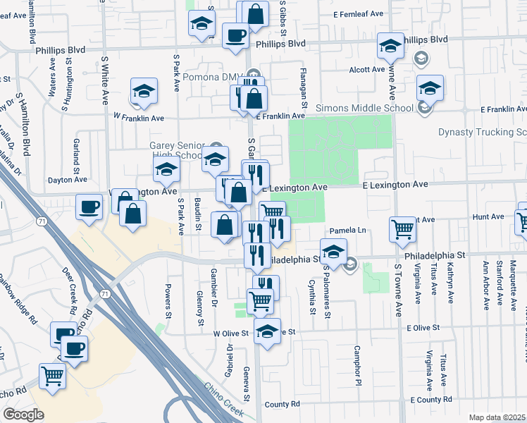 map of restaurants, bars, coffee shops, grocery stores, and more near 1942 South Garey Avenue in Pomona