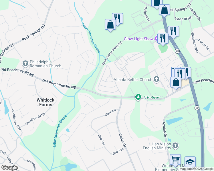 map of restaurants, bars, coffee shops, grocery stores, and more near 2692 Cedar Drive in Lawrenceville