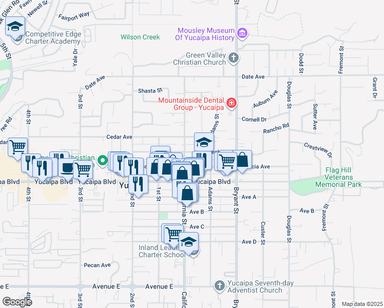 map of restaurants, bars, coffee shops, grocery stores, and more near 35155 Cedar Avenue in Yucaipa