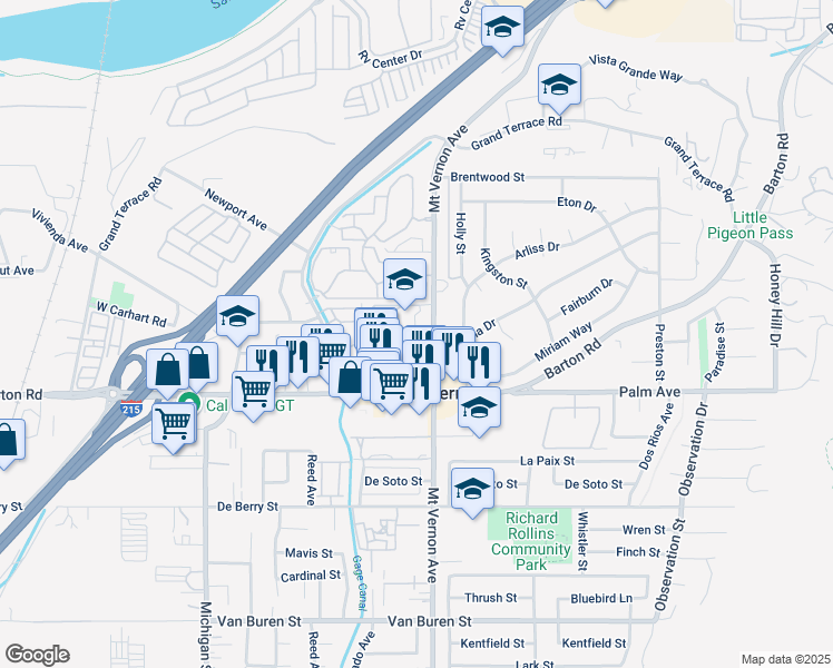 map of restaurants, bars, coffee shops, grocery stores, and more near 11980 Mount Vernon Avenue in Grand Terrace