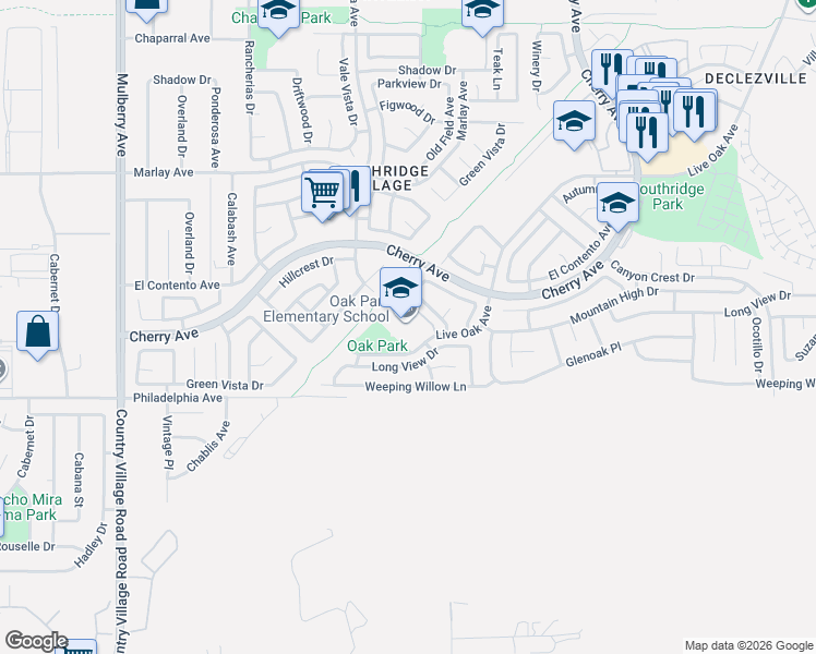 map of restaurants, bars, coffee shops, grocery stores, and more near 14223 Walmac Place in Fontana