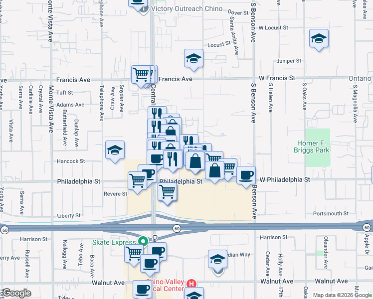 map of restaurants, bars, coffee shops, grocery stores, and more near 11939 Otsego Lane in Chino