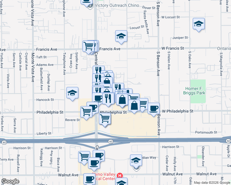 map of restaurants, bars, coffee shops, grocery stores, and more near 11939 Otsego Lane in Chino