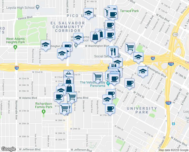 map of restaurants, bars, coffee shops, grocery stores, and more near 2134 Magnolia Avenue in Los Angeles