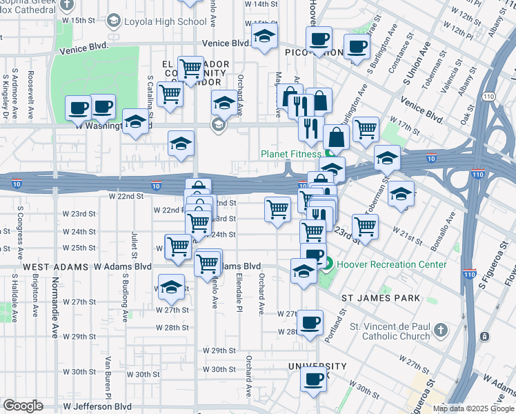 map of restaurants, bars, coffee shops, grocery stores, and more near 2134 Magnolia Avenue in Los Angeles