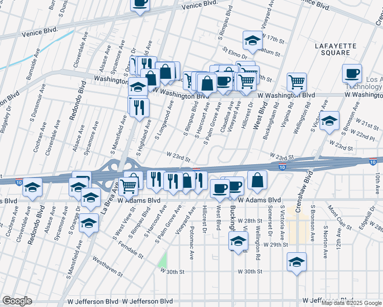 map of restaurants, bars, coffee shops, grocery stores, and more near 2119 South Harcourt Avenue in Los Angeles