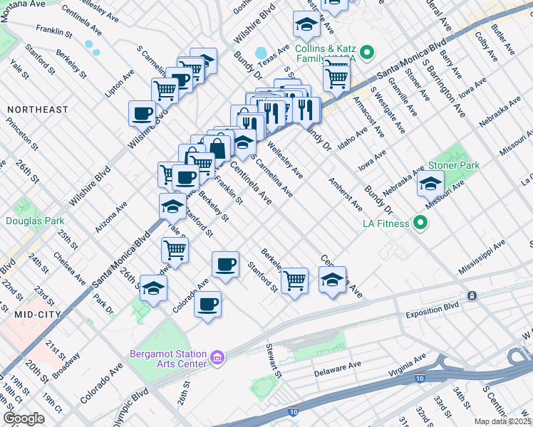 map of restaurants, bars, coffee shops, grocery stores, and more near 1535 Centinela Avenue in Los Angeles