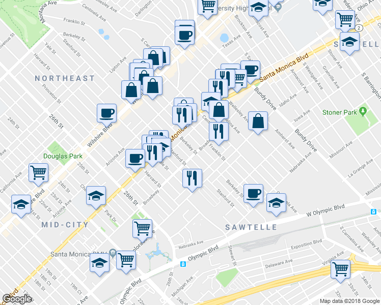 map of restaurants, bars, coffee shops, grocery stores, and more near 1433 Berkeley Street in Santa Monica
