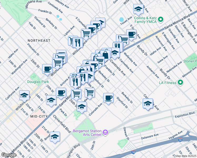 map of restaurants, bars, coffee shops, grocery stores, and more near 3012 Santa Monica Boulevard in Santa Monica
