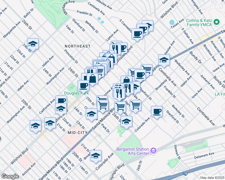 map of restaurants, bars, coffee shops, grocery stores, and more near 2803 Arizona Avenue in Santa Monica